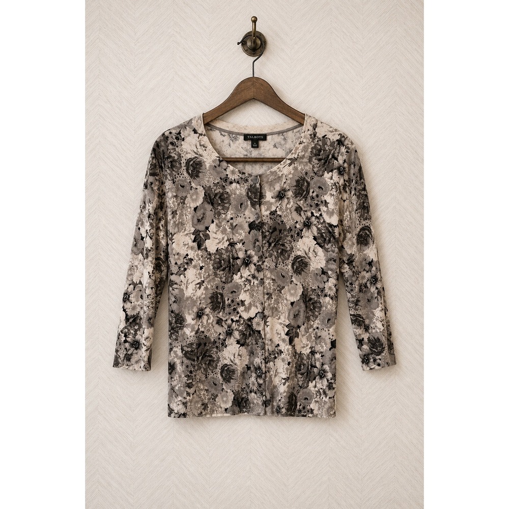 Talbots Cardigan Sweater Grey Black White Floral Print Size S